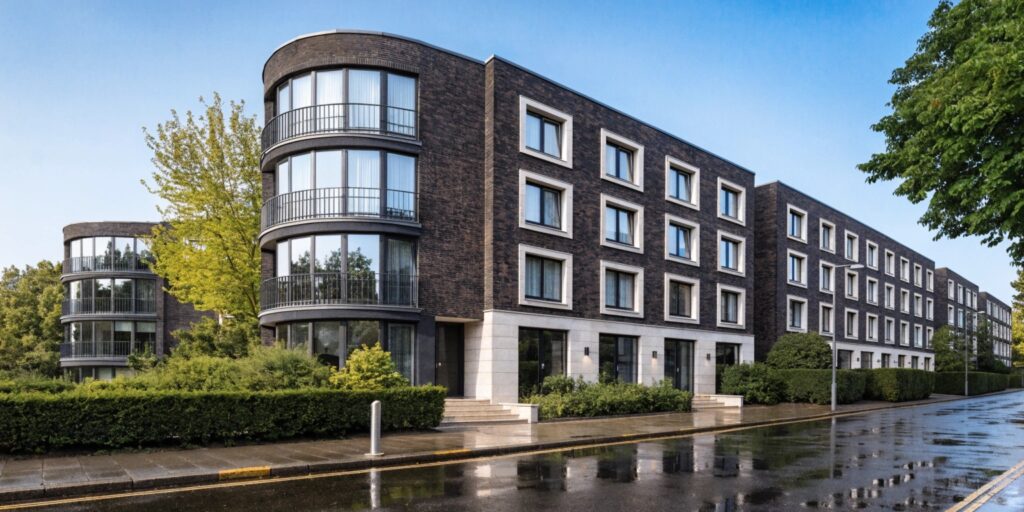 Appartement, donkere gevel, 4 hoog, regenachtige dag