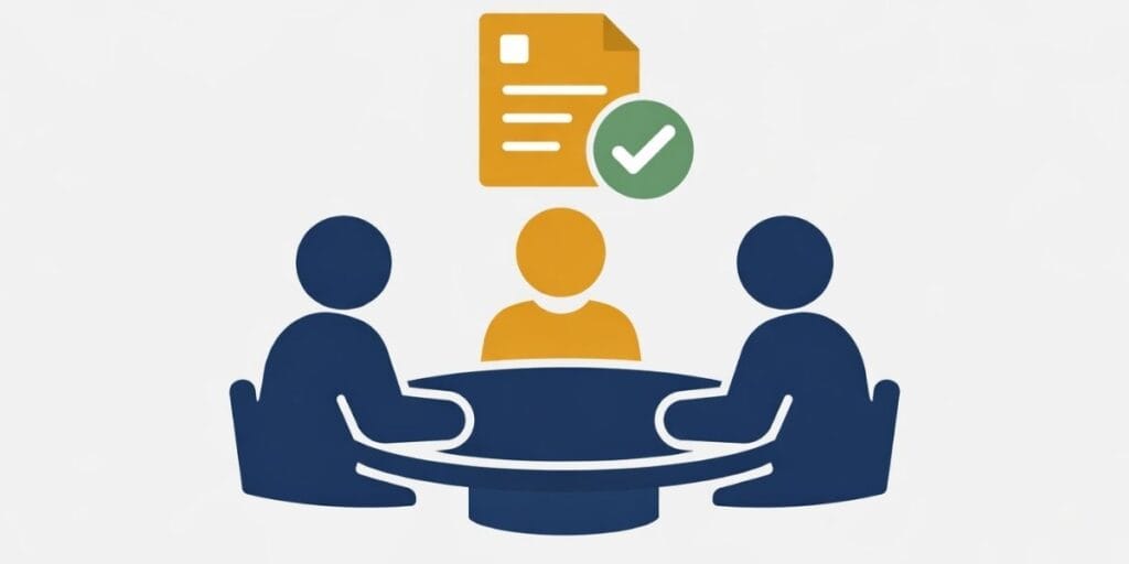 Flat design illustratie van een vergadering met drie personen rond een tafel en een goedgekeurd document